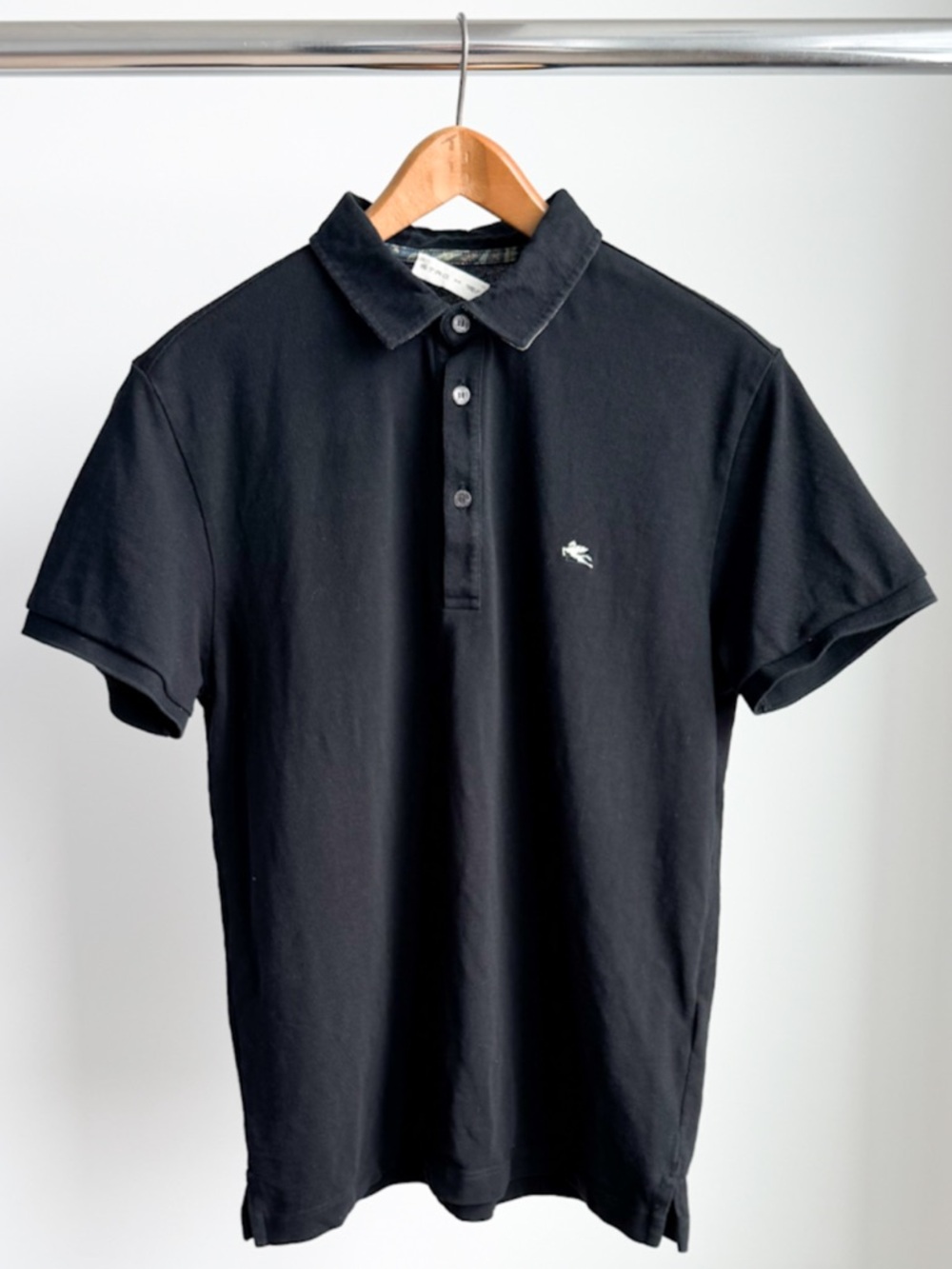 Etro Milano Pegasus Polo Black Paisley Collar Made In Italy M Slim Fit Luxury